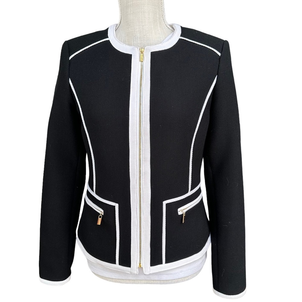 Calvin Klein Women's‎ Front Zip Black & White Color Block Business Jacket Size 4